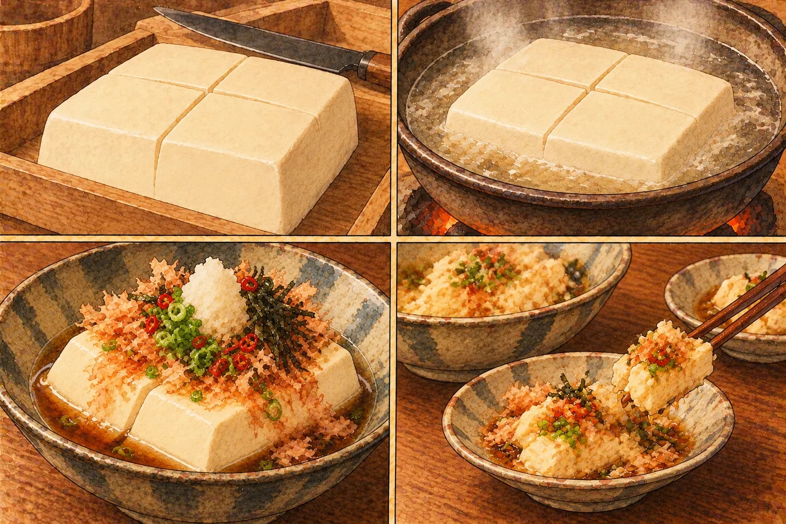 骨董乳の作り方。①十文字に切れ目 ②葛湯で煮る ③醤油と薬味を盛る ④席上で混ぜる