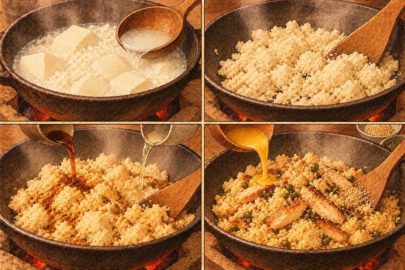 空蝉とうふの作り方。①水をすくいきる ②おからのように煎る ③胡麻油・酒塩・醤油 ④卵と鯛で練る