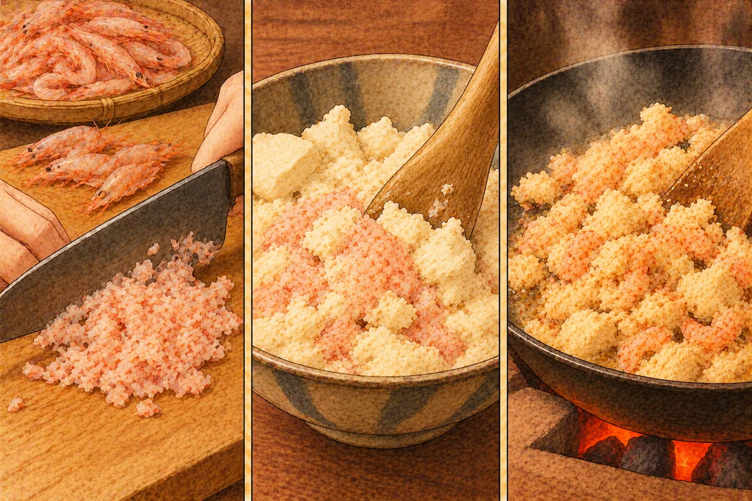 苗鰕菽乳の作り方。①小海老をたたく ②すり豆腐と混ぜる ③油で煎って味つけ