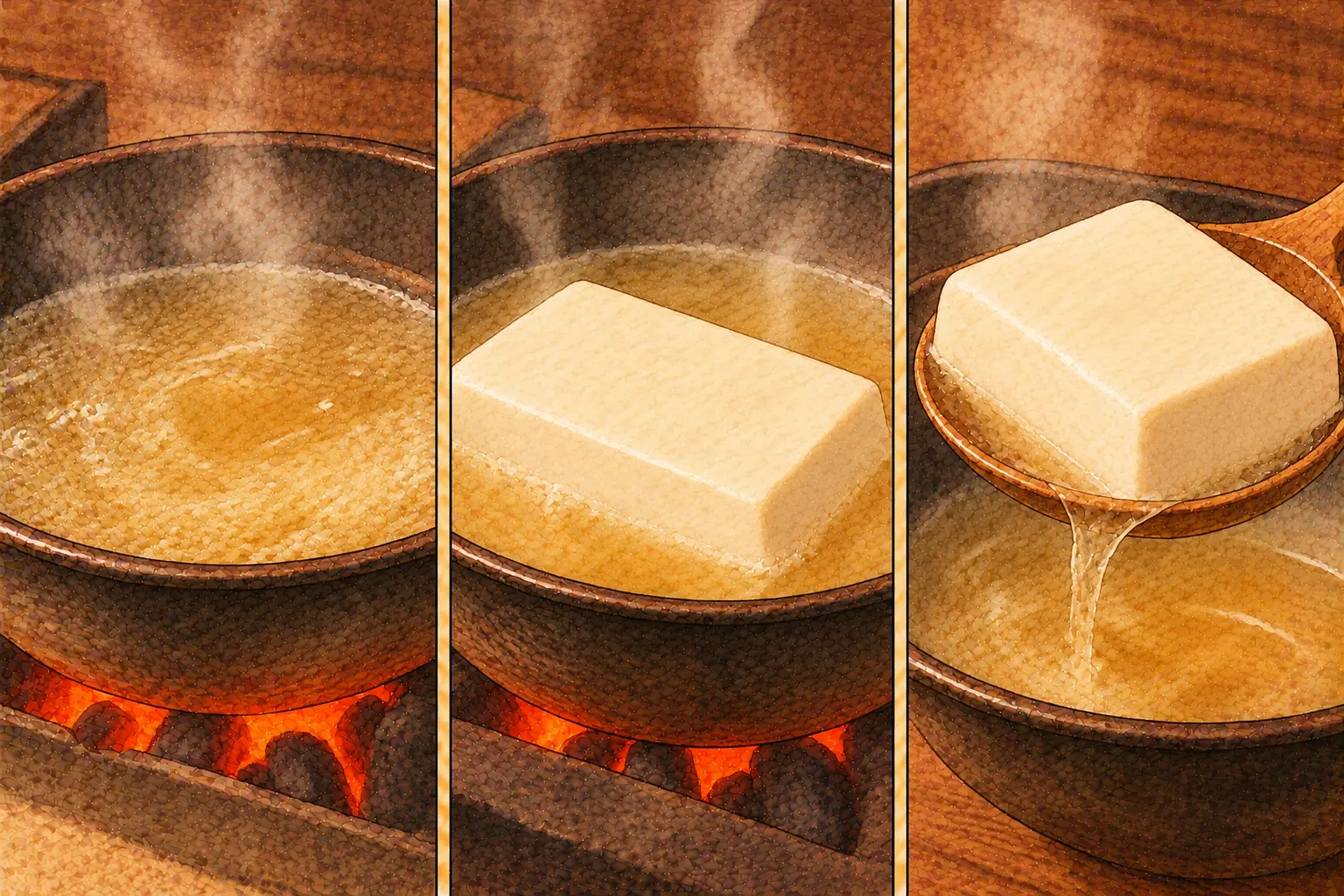 加須底羅乳の作り方。①古酒を煮切る ②丸ごと煮る ③締まったら上げる