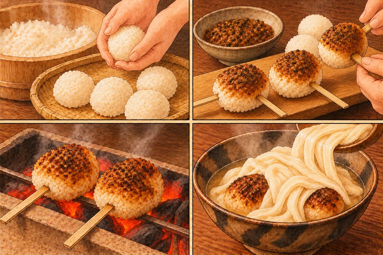 別山焼の作り方。①飯をもんで丸める ②胡椒味噌で包んで串に ③少し焼く ④うどん豆腐をかける