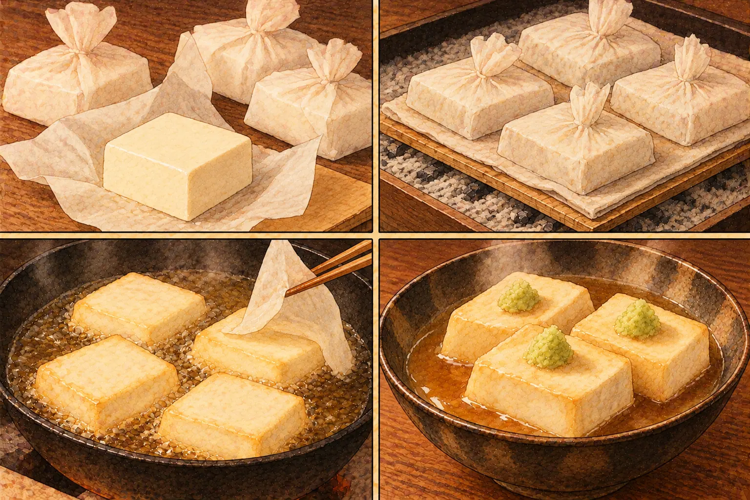 包油煠の作り方。①紙で巾着に包む ②灰の上で水気を取る ③包んだまま揚げる ④薄醤油と葛で煮る