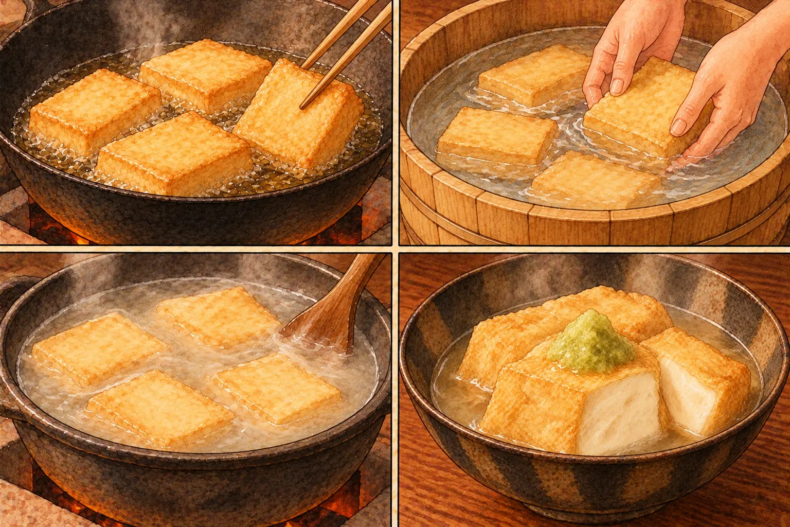 油煠ながしの作り方。①胡麻油で揚げる ②すぐ水で油を抜く ③葛湯で温める ④山葵味噌をかける