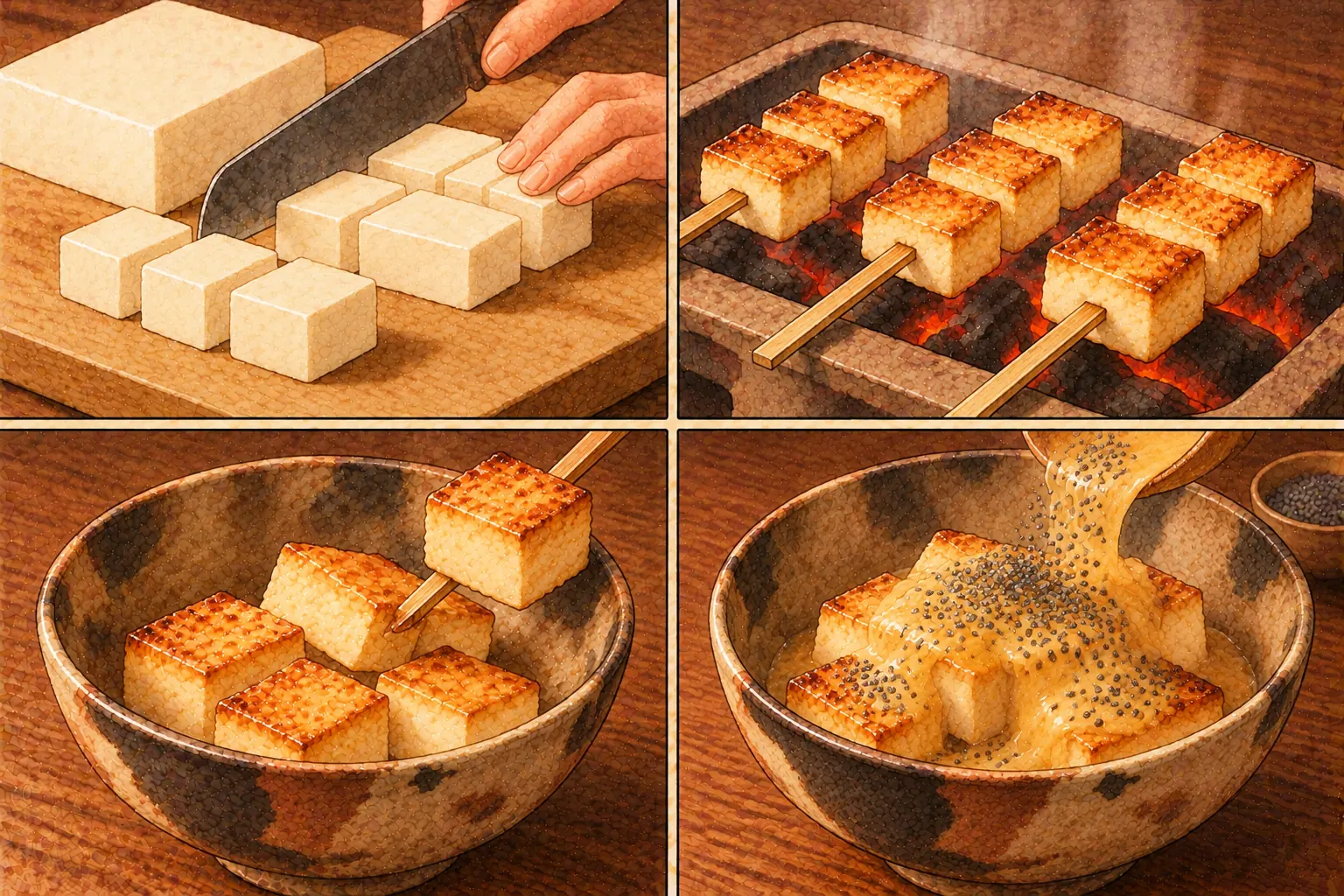 礫でんがくの作り方。①小さな角に切る ②串に三つずつ焼く ③串を抜いて茶碗に ④芥子酢味噌と罌粟