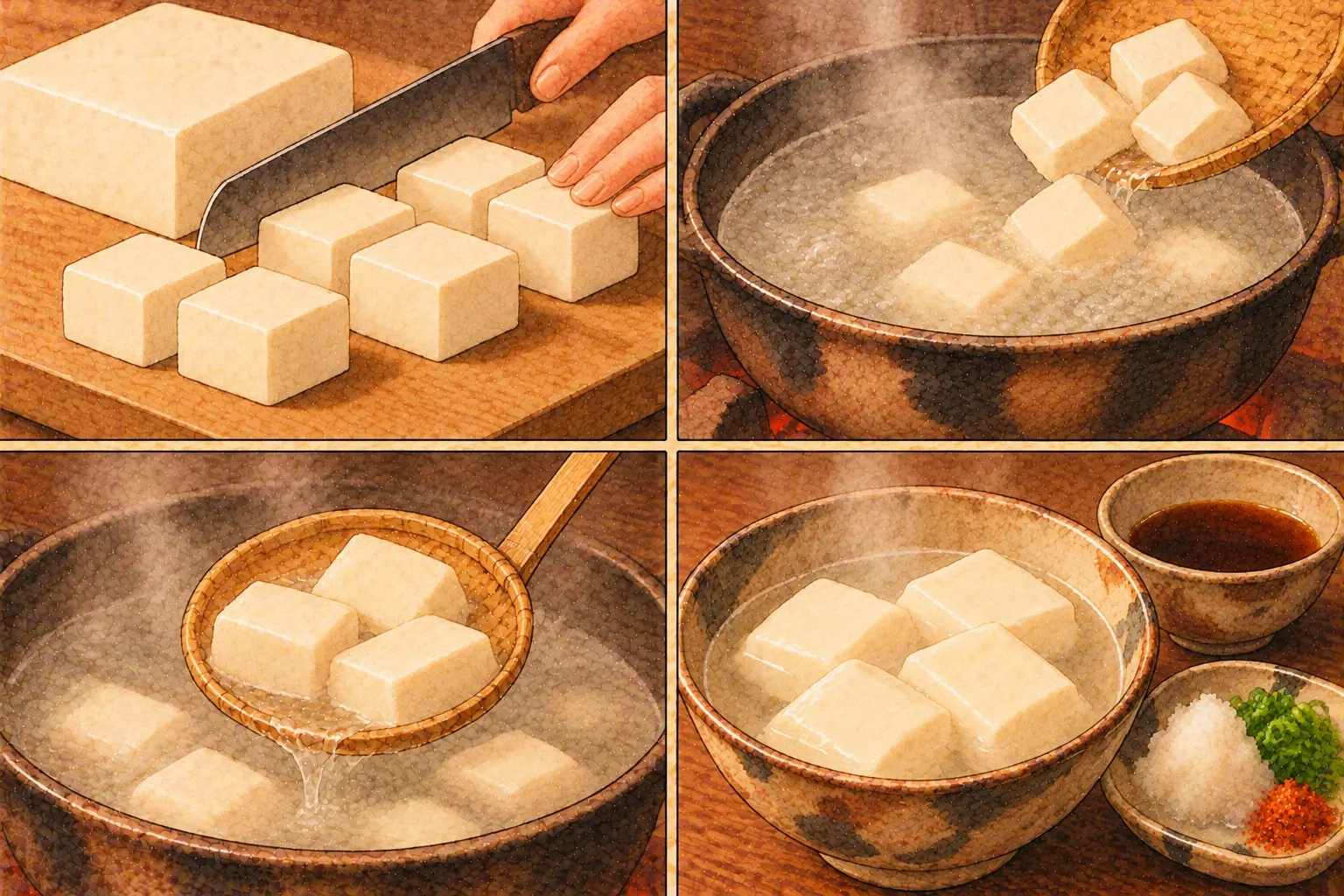 湯やつこの作り方。①大きく切る ②葛湯に一人分 ③浮く寸前にすくう ④つけ汁と薬味