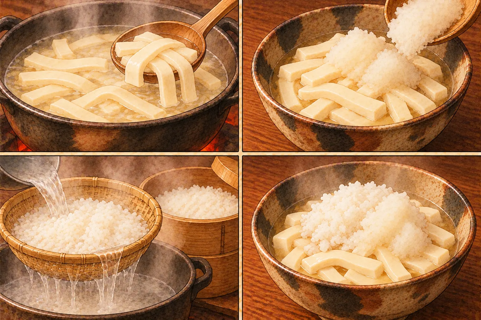 雪消飯・うづみ豆腐の作り方。①うどん豆腐を煮る ②茶碗に入れて大根 ③湯取り飯を作る ④飯をのせる