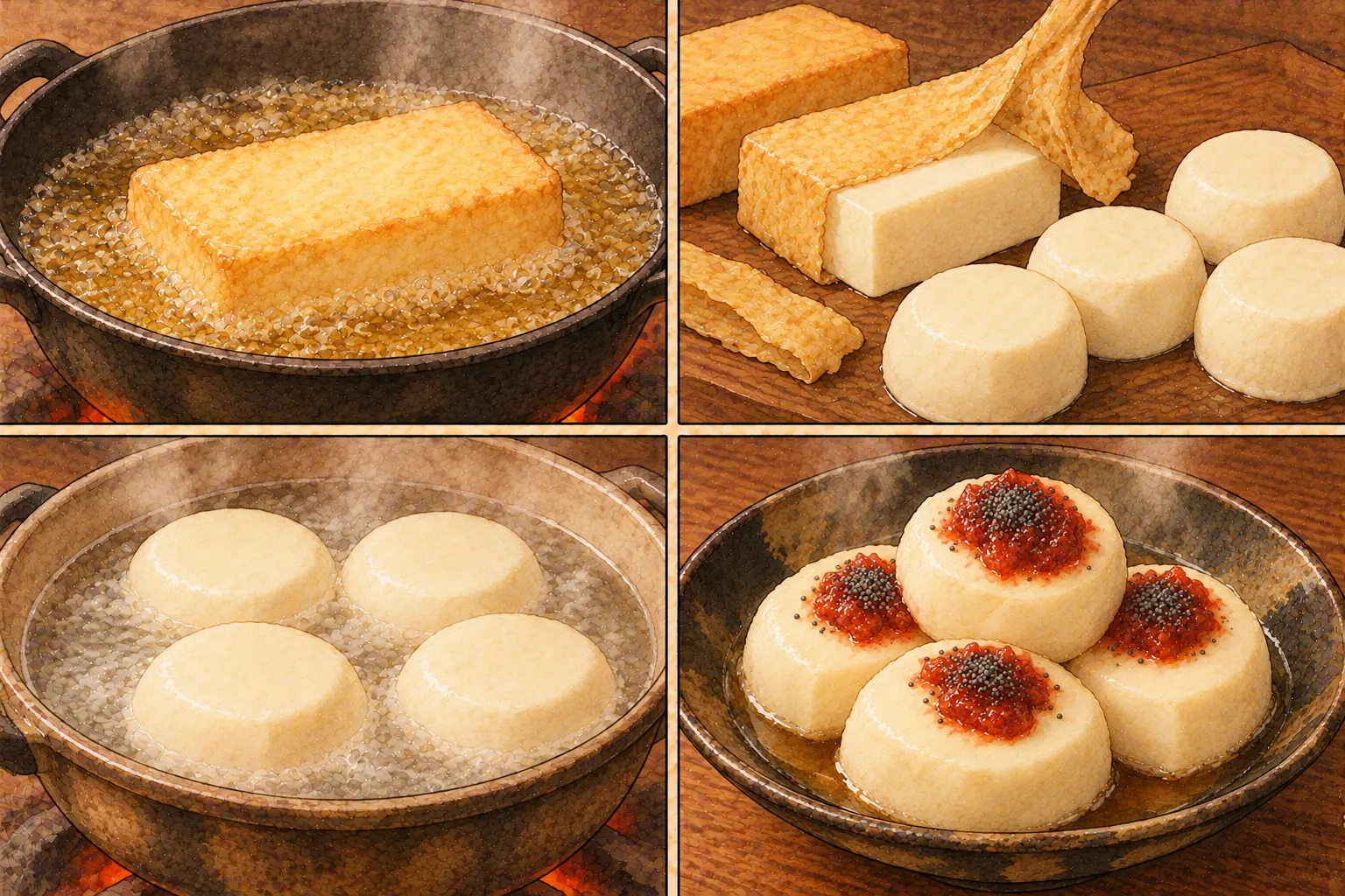 鞍馬とうふの作り方。①二つ切りで揚げる ②皮をむいて丸く ③湯煮する ④梅醤と罌粟