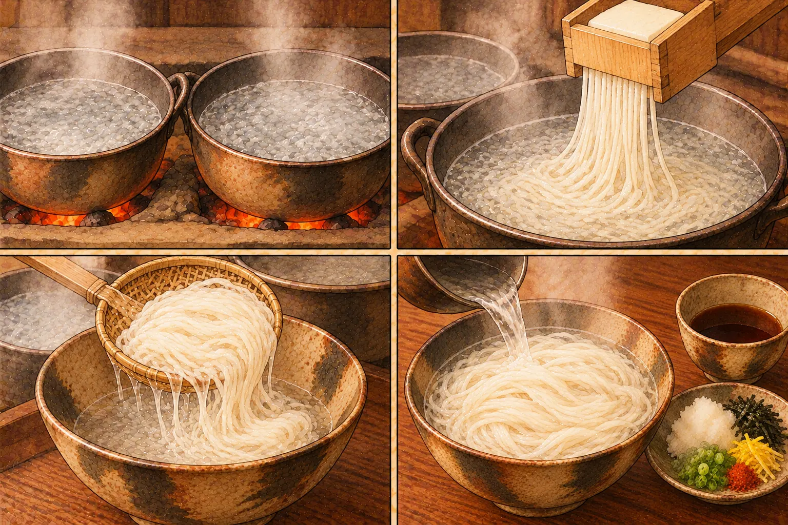 真のうどん豆腐の作り方。①二つの鍋に湯 ②細く突き出す ③ひたしてすぐ器へ ④もう一方の湯を注ぐ